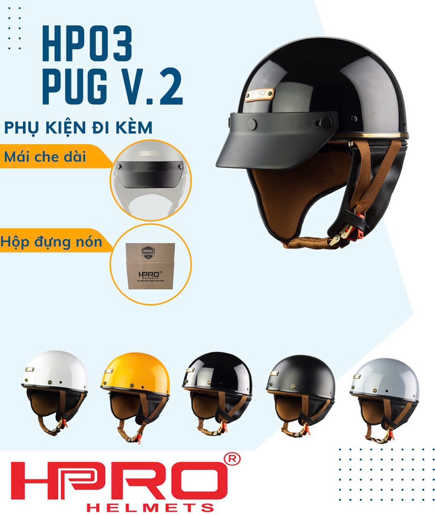Mũ Bảo Hiểm 1/2 đầu HPRO HP03 PUG Version 2 có Ốp Da Bảo Vệ Tai Và Gáy - Nón Bảo Hiểm Nửa Đầu Nhiều Màu