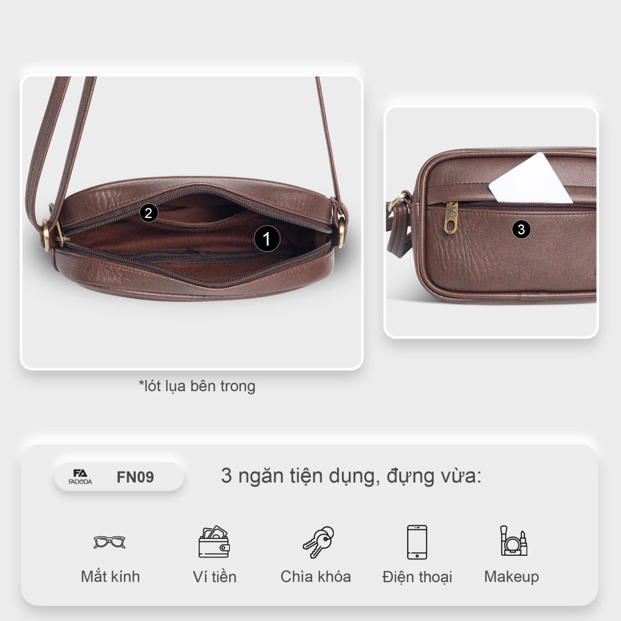 Túi đeo chéo da unisex FADODA FN09 vintage, cao cấp, gọn nhẹ, chống thấm nước, không bong tróc