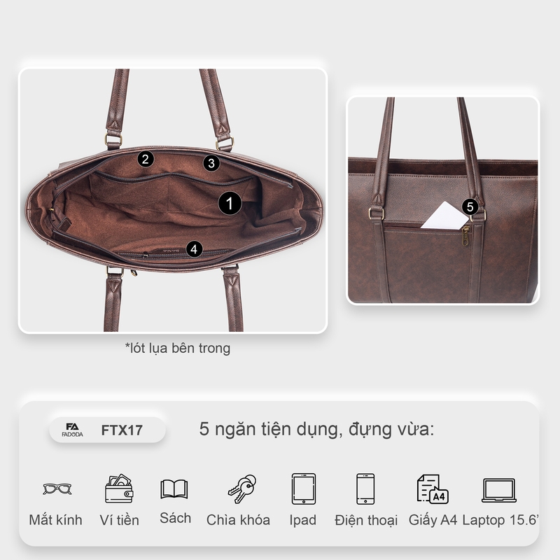 Túi xách nữ công sở laptop 15.6 inch FADODA FTX17 - Vintage, Dung tích lớn, Chống thấm nước
