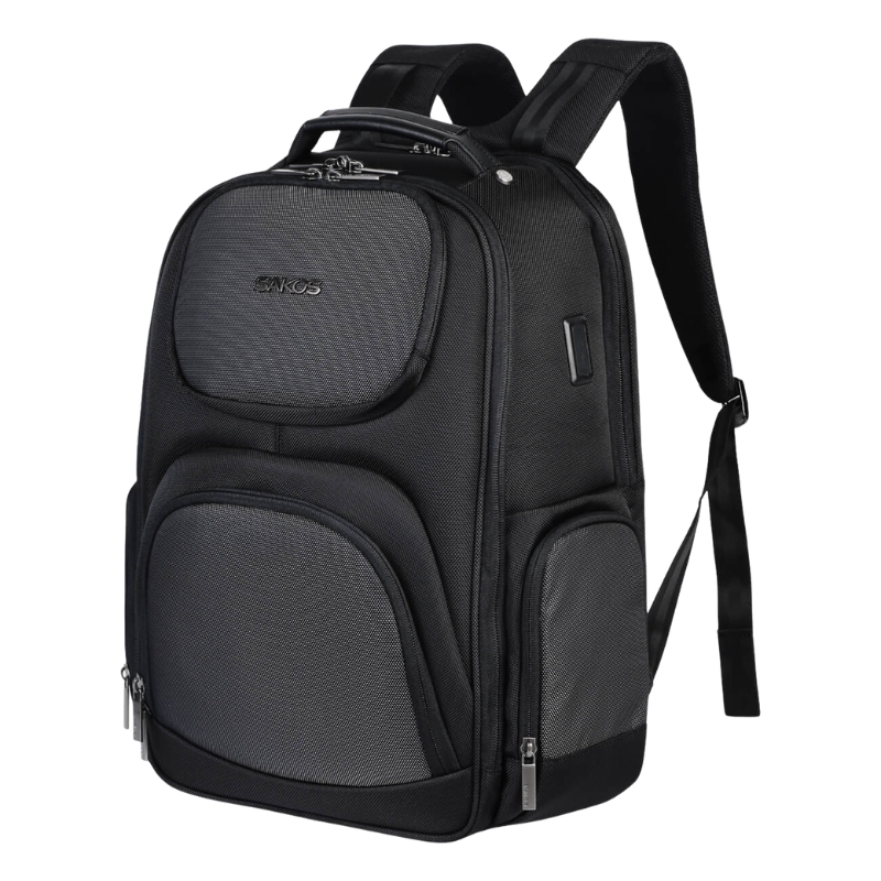 Balo doanh nhân laptop 15.6 inch SAKOS Impona mở rộng 90 độ có cổng sạc USB, tag tên, đai gài cần kéo vali