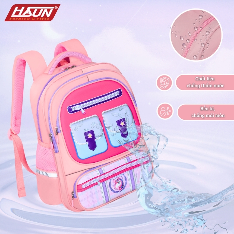 Balo học sinh chống gù HASUN HS 2541 cho bé trai bé gái tiểu học, lớp 3 4 5 6, cấp 2, cứng cáp, đứng form, trượt nước, màu sắc đáng yêu