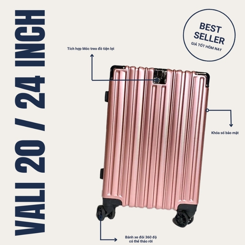 Vali kéo nhựa FEI size Xách tay cabin 20 inch / Ký gửi 24 inch - Thanh lịch, hiện đại, khóa 3 số an toàn