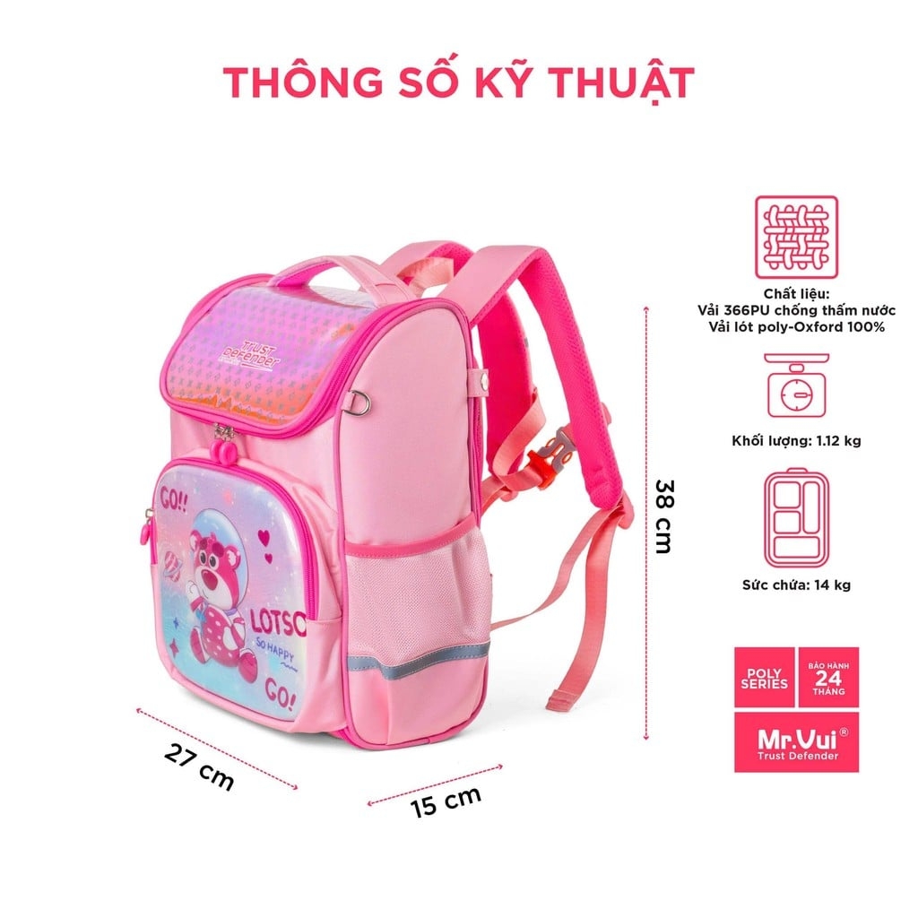Balo chống gù MR VUI 1038 dành cho bé trai bé gái học sinh Tiểu học - Bảo vệ cột sống, quai đeo trợ lực