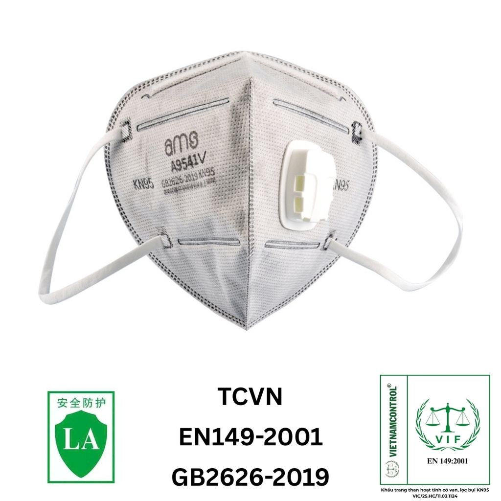 Khẩu trang lọc bụi KN95 AMS A9541V (5 lớp. than hoạt tính. có van. đeo tai. có móc cài. hộp 25 cái)