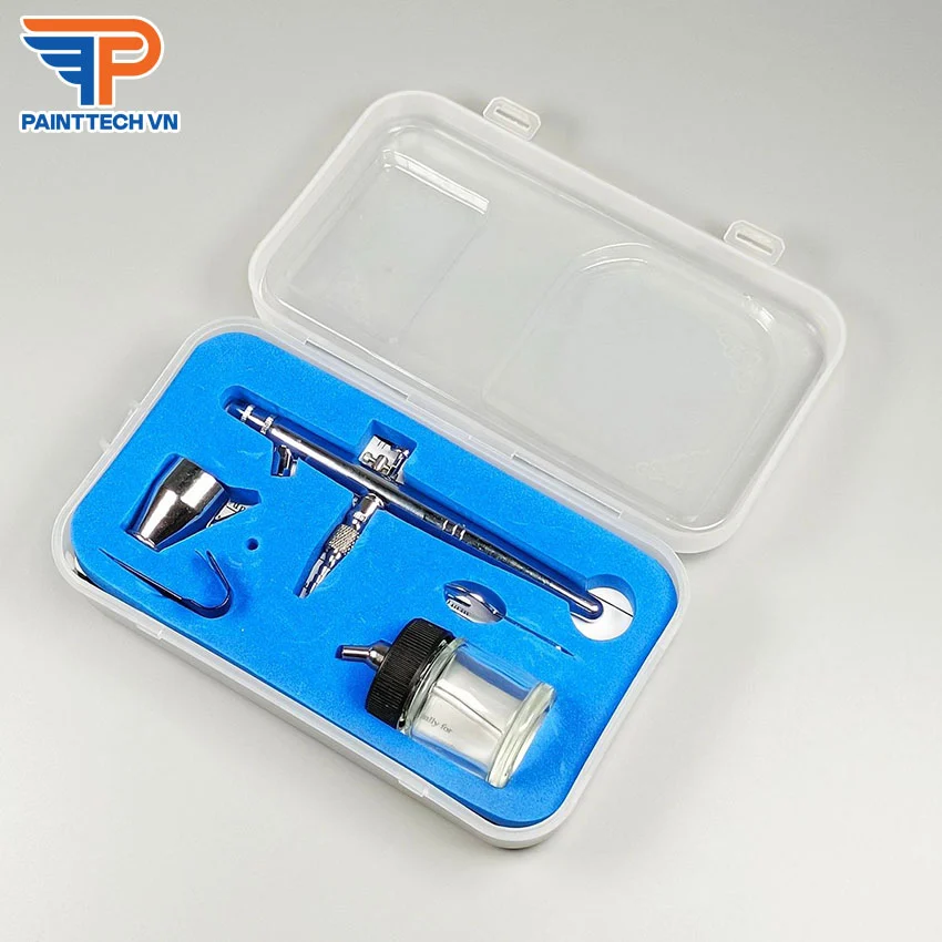 Bút phun sơn  Lỗ phun: 0.35 mm  Độ rộng vệt phun: 1-30 mm  Cốc đựng sơn: 5ml - 22ml  Cò súng: Hoạt động kép súng phun sơn