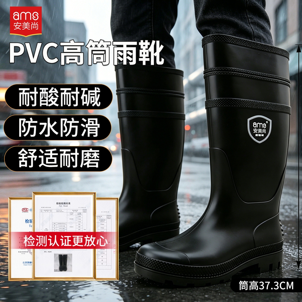 安美尚（ams）雨鞋男士雨靴 耐酸碱 水鞋长高筒不易滑成人加厚防水胶鞋下雨天户外工作鞋耐磨女士PVC水靴黑色 Ủng