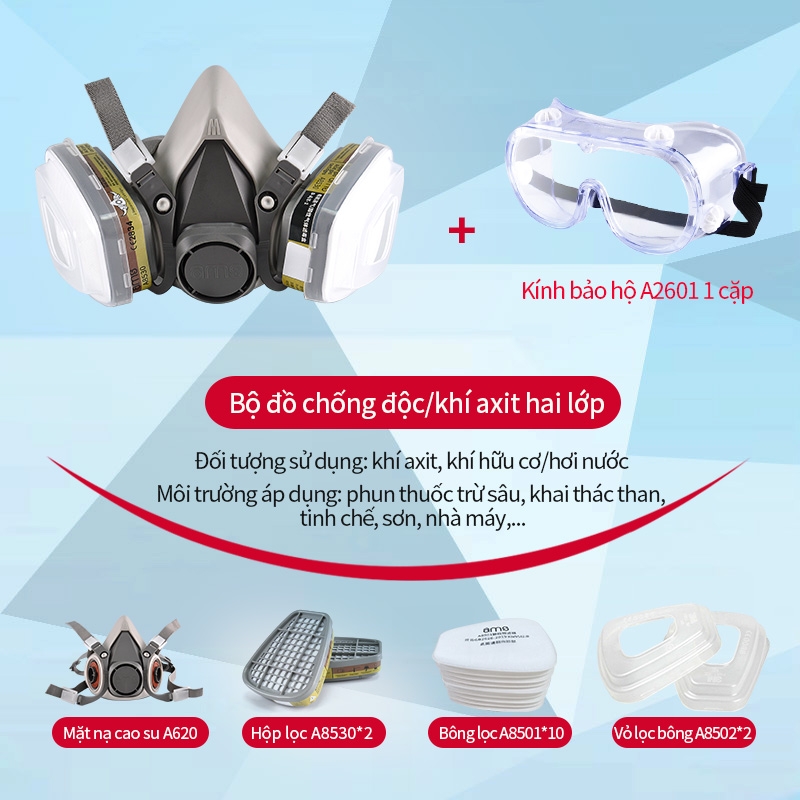 Bộ mặt nạ Ams nửa mặt bằng TPU quy cách A620+A8510 lọc khí hữu cơ