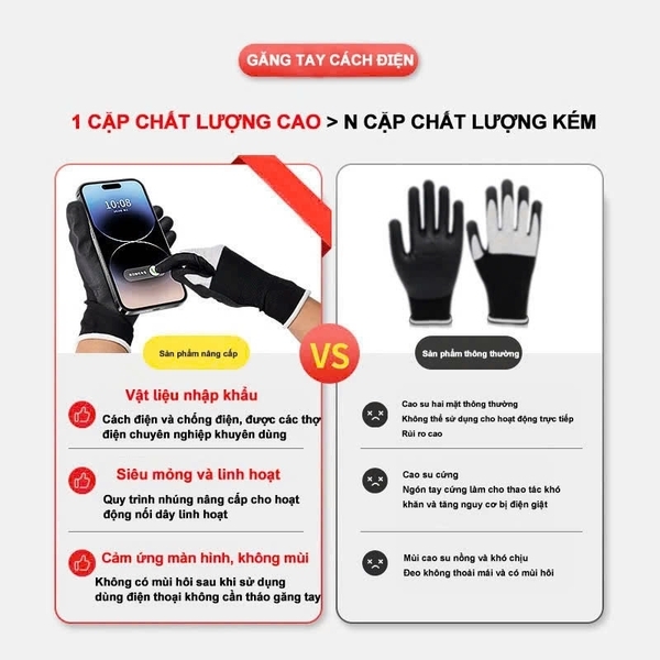 Găng tay Ams cách điện thợ điện, Găng tay cách nhiệt màn hình cảm ứng Nitrile siêu mỏng, Điện áp chịu được bền bỉ 400V 8mA Model: AMS502