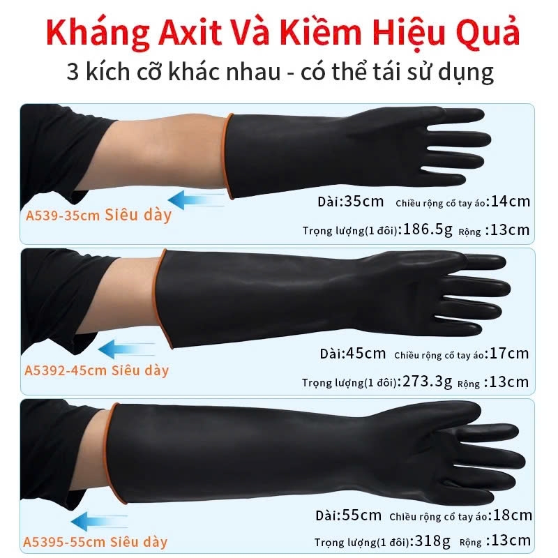 Găng tay cao su chống axit và kiềm hóa chất thương hiệu AMS 35cm, 45cm, 55cm