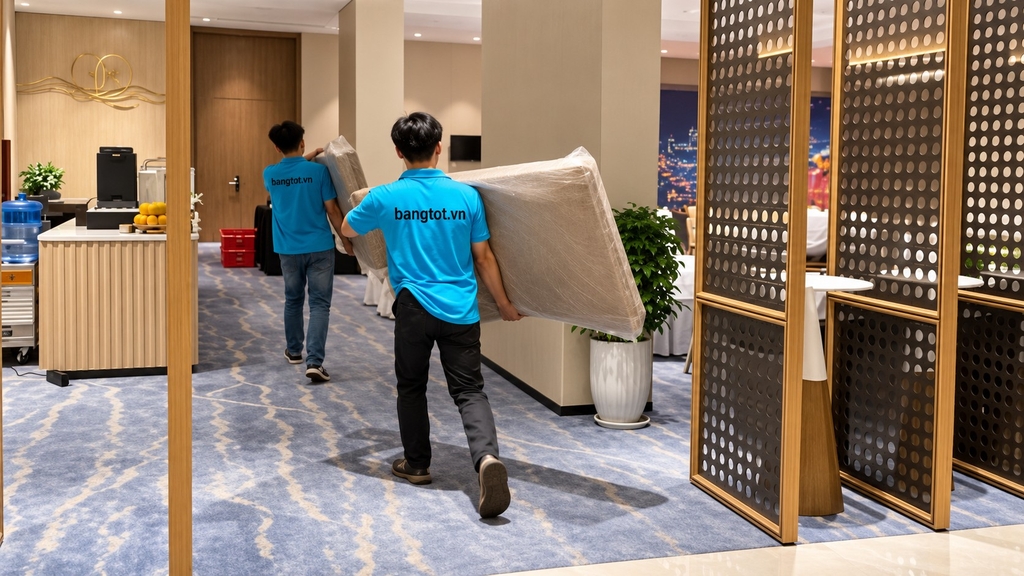 Nhân viên bảng tốt di chuyển bảng Flipchart đến vị trí hội thảo