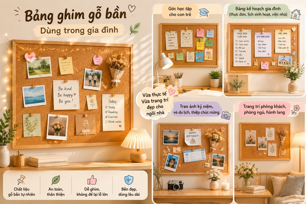 Bảng ghim gỗ bần cho gia đình