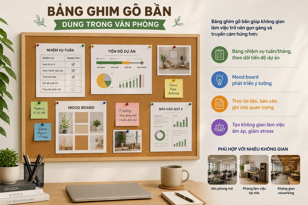 Bảng ghim gỗ bần trong văn phòng
