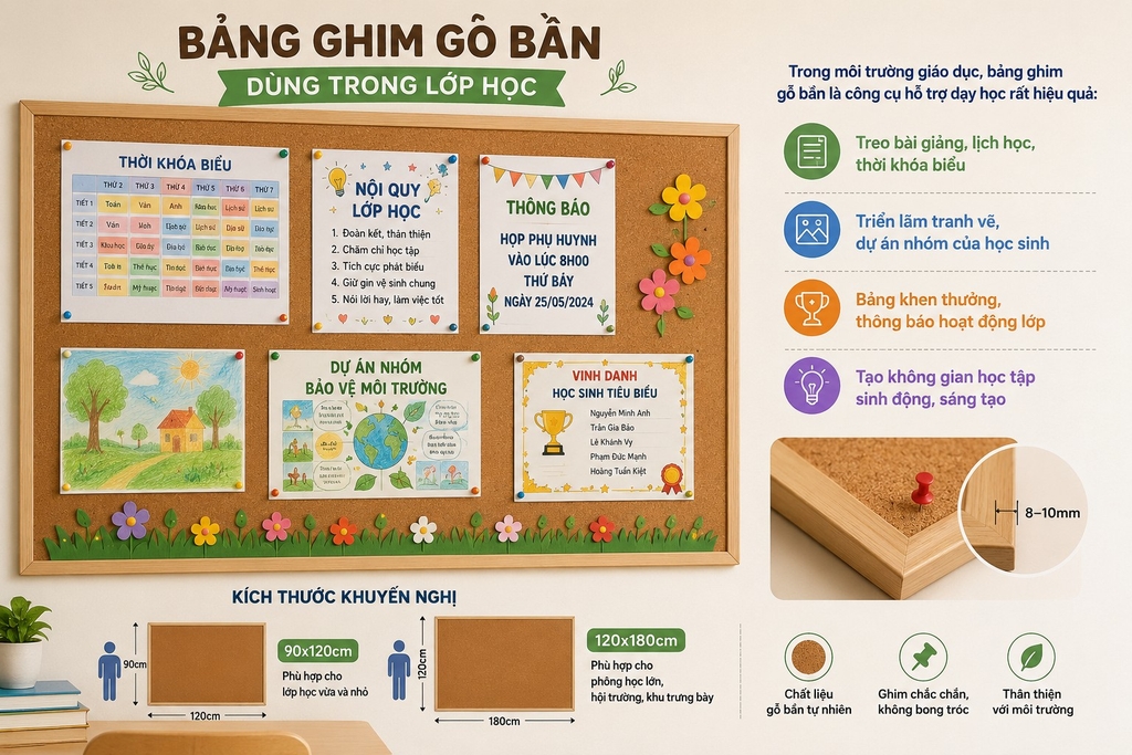 Bảng ghim gỗ bần trong lớp học