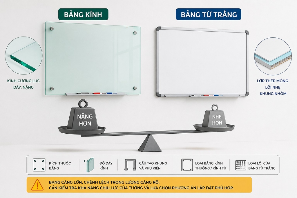 Bảng kính có nặng hơn bảng từ trắng nhiều không?