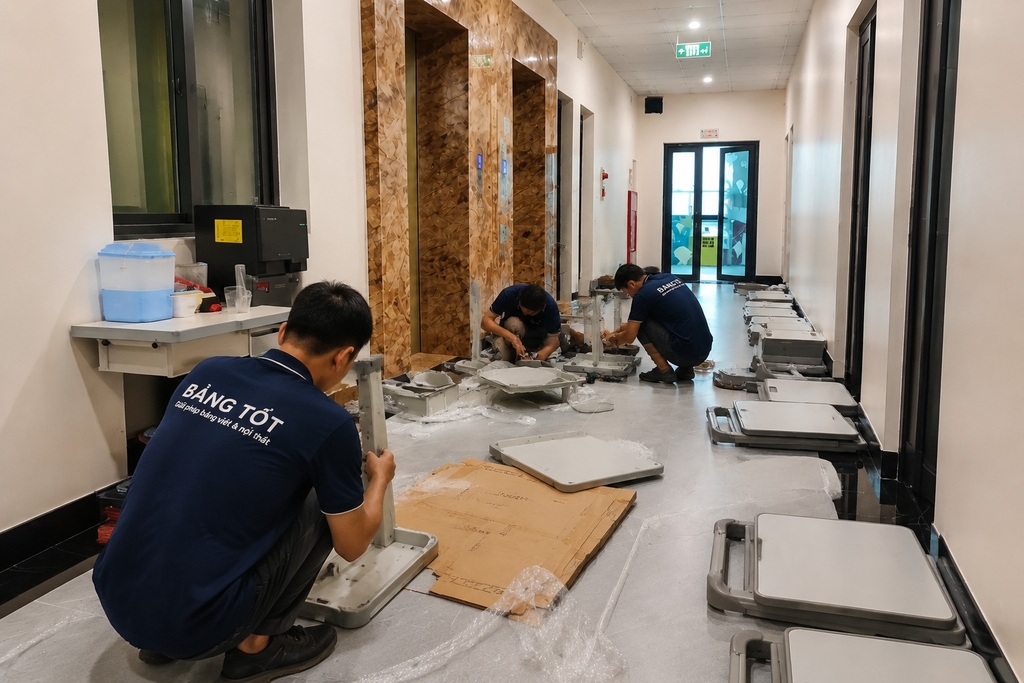 Nhân viên lắp đặt bàn ghế học sinh chất lượng cho lớp học