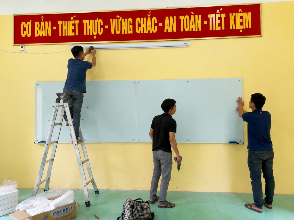 Kỹ thuật viên Bảng Tốt thi công lắp đặt bảng kính cường lực treo tường