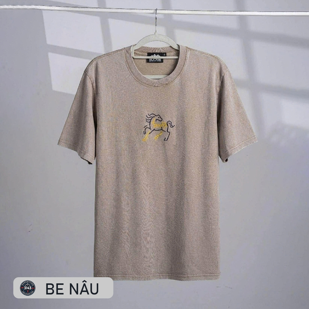 Áo phông Unisex Wash thêu ngựa Cotton Vintage - EX4