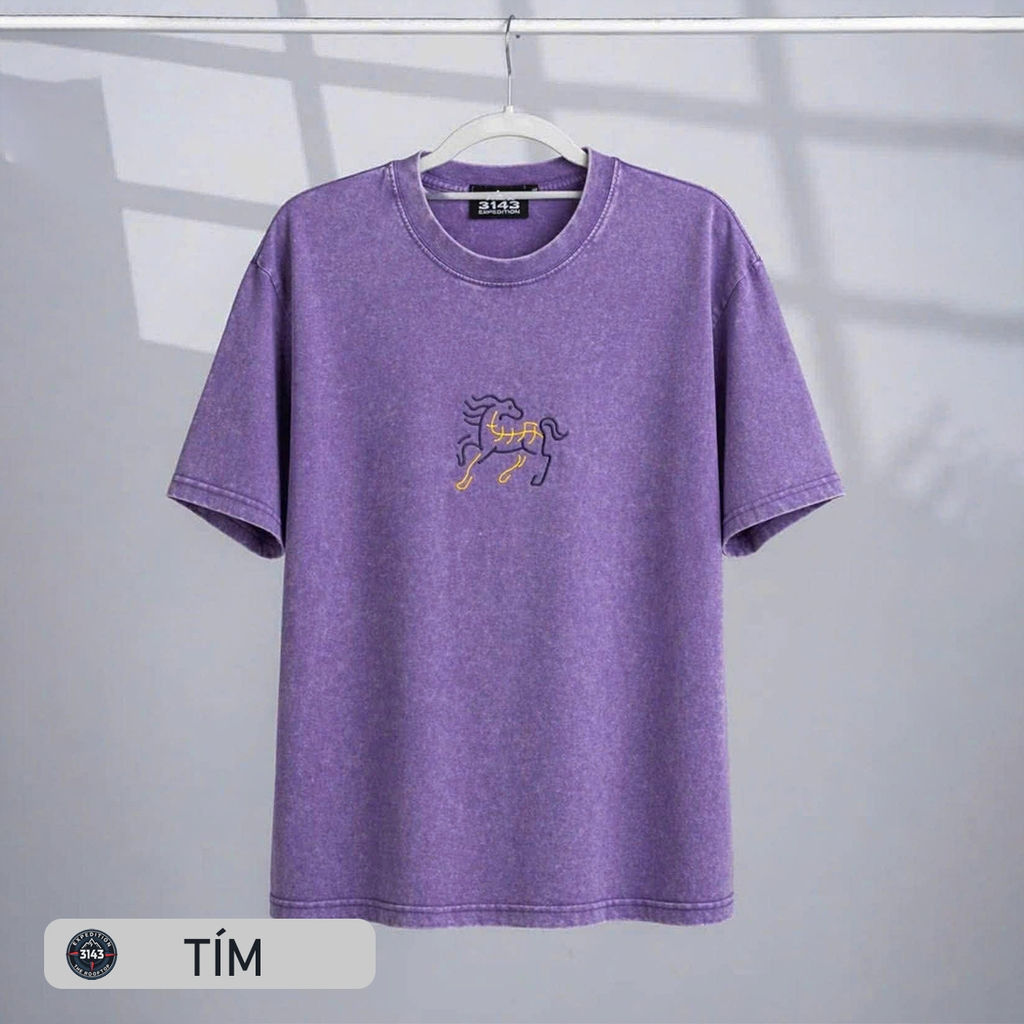 Áo phông Unisex Wash thêu ngựa Cotton Vintage - EX4