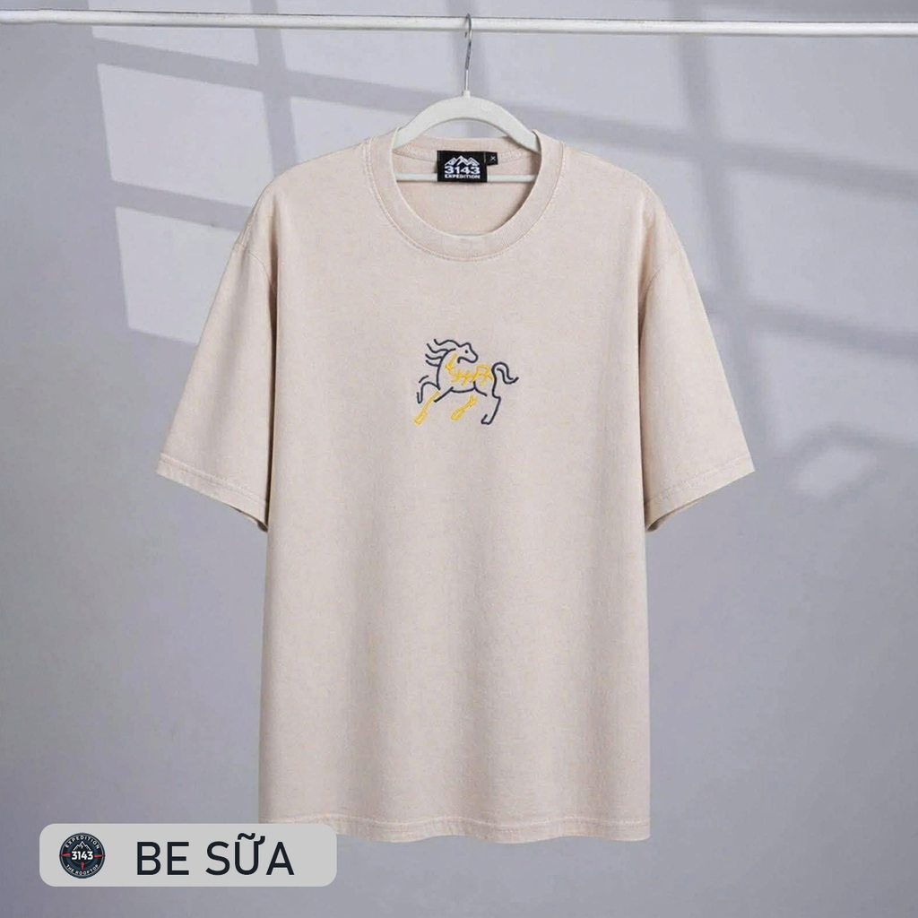 Áo phông Unisex Wash thêu ngựa Cotton Vintage - EX4