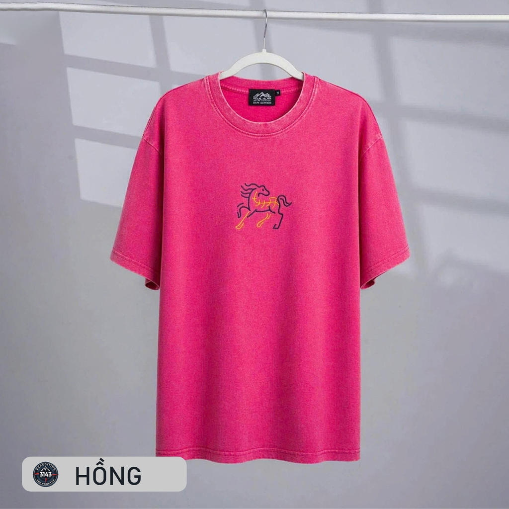 Áo phông Unisex Wash thêu ngựa Cotton Vintage - EX4
