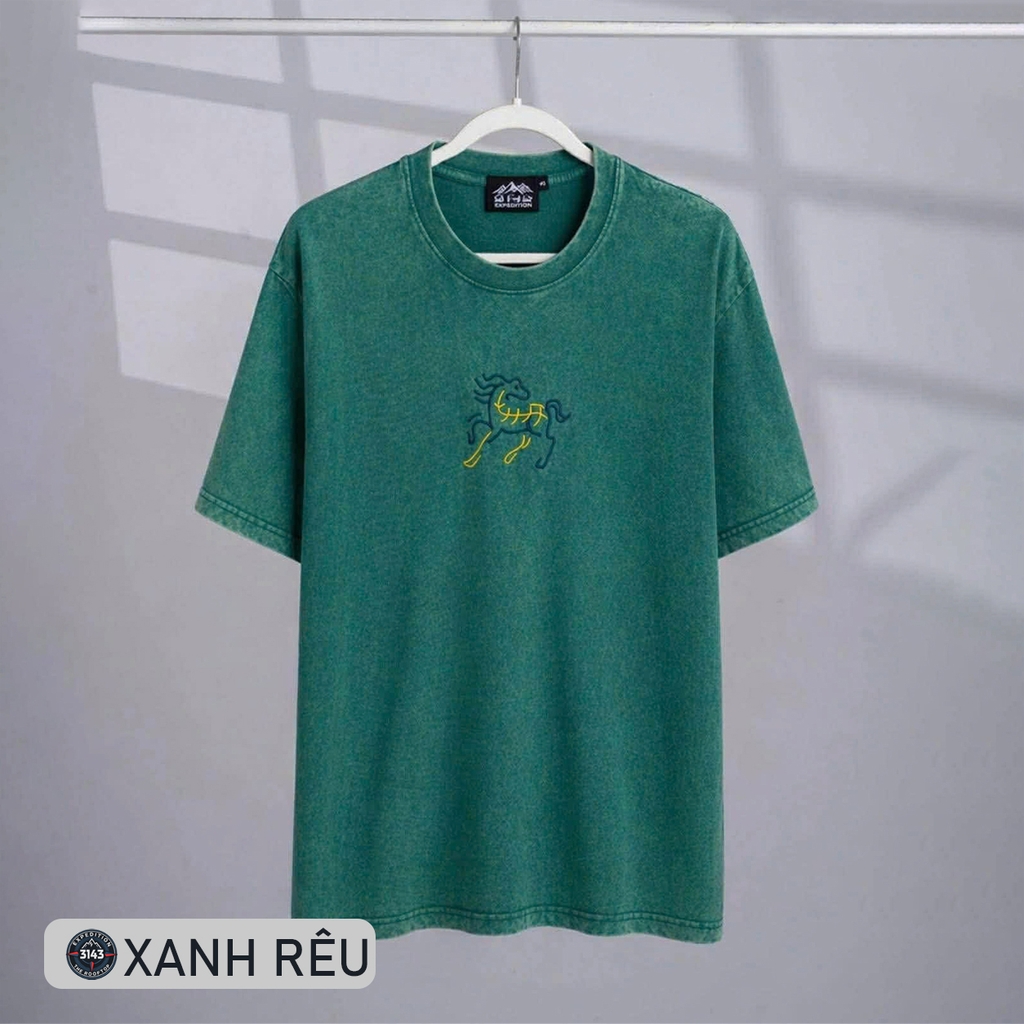 Áo phông Unisex Wash thêu ngựa Cotton Vintage - EX4