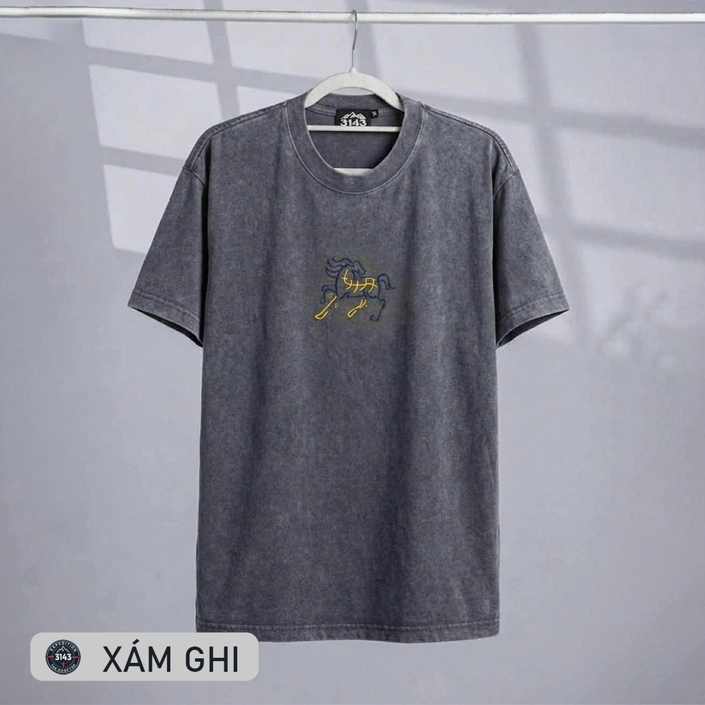 Áo phông Unisex Wash thêu ngựa Cotton Vintage - EX4