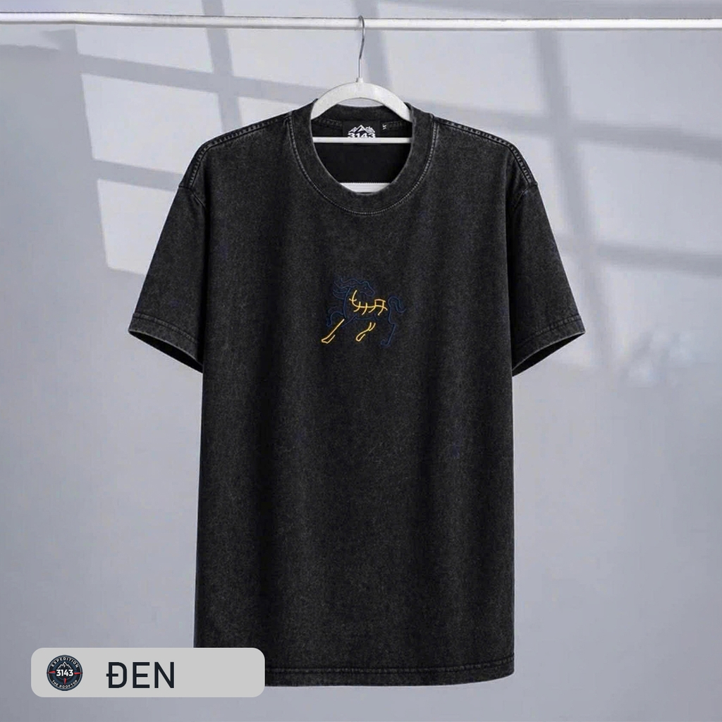 Áo phông Unisex Wash thêu ngựa Cotton Vintage - EX4