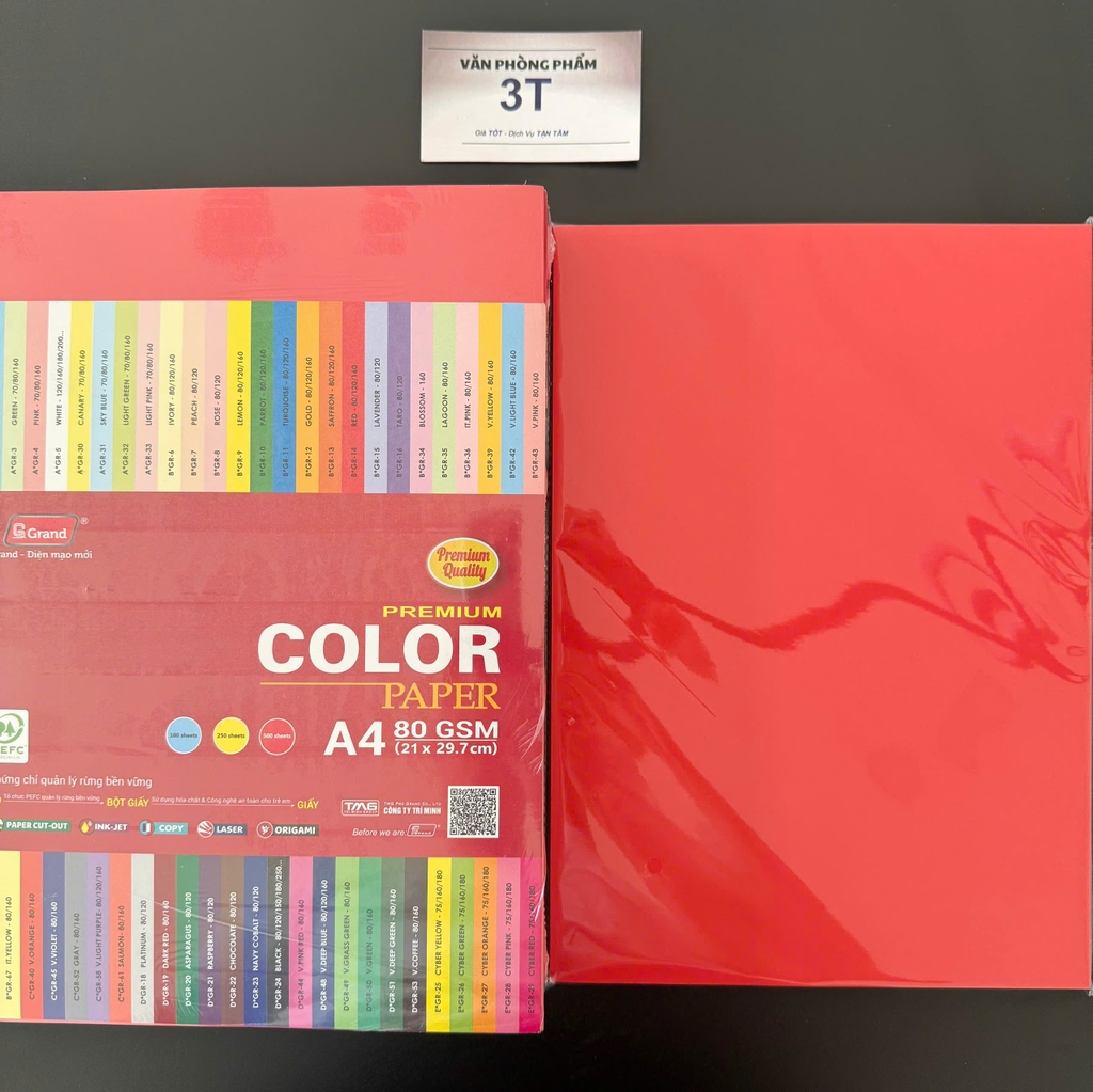 Giấy A4 80GSM (giấy mềm) PGrand màu ĐỎ