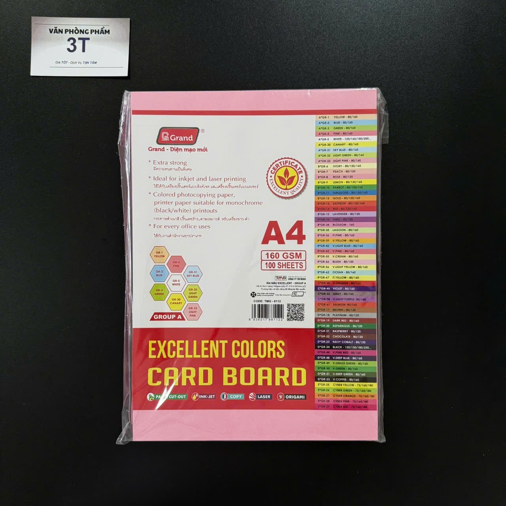 Giấy bìa A4 160GSM (giấy cứng) PGrand màu HỒNG Pastel