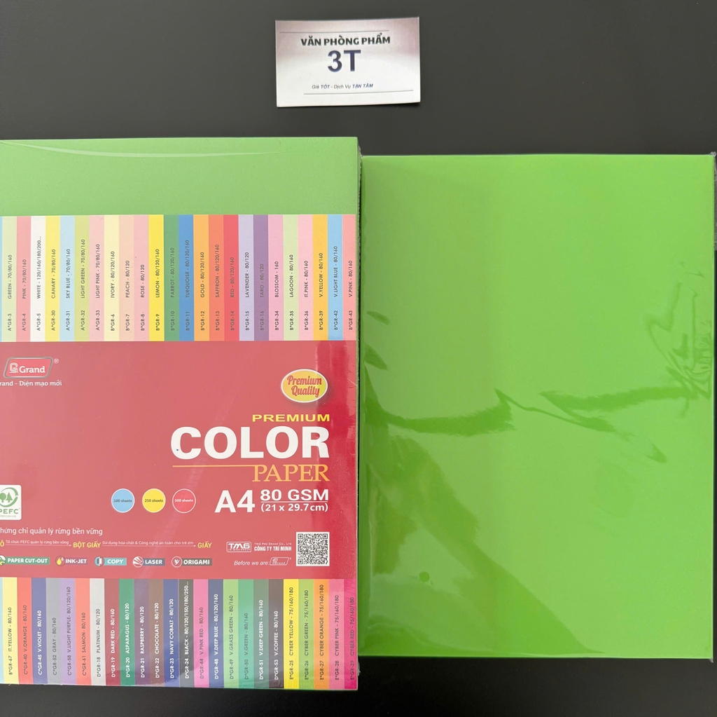 Giấy A4 80GSM (giấy mềm) PGrand màu XANH LÁ