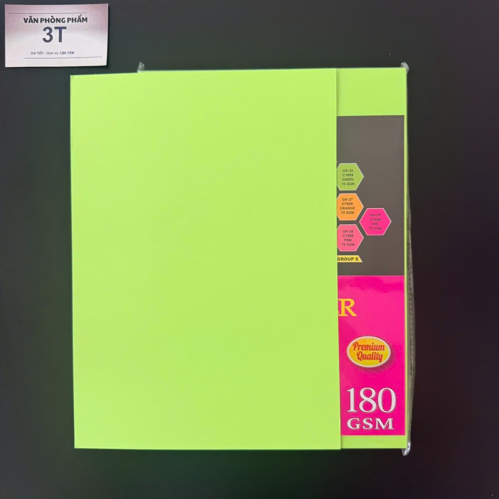 Giấy bìa A4 180gsm (giấy cứng) PGrand màu DẠ QUANG Vàng Hồng Xanh Lá Cam