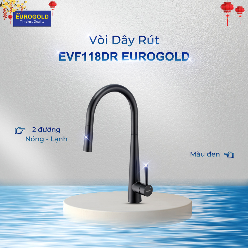 Vòi rửa bát Eurogold EUF118DR - màu đen, inox SUS304, phủ nano đen, dây rút