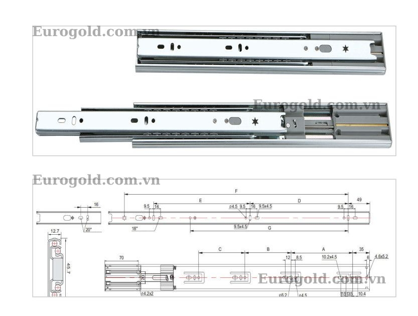 Ray bi giảm chấn cao cấp size 45 (màu kẽm) Eurogold ESD135 - tải 40kg