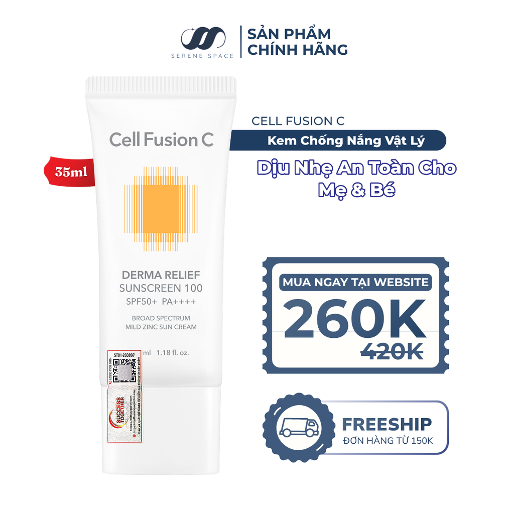 Kem Chống Nắng Thuần Vật Lý An Toàn Cho Mẹ Bầu & Em Bé Cell Fusion C Derma Relief Sunscreen 100 SPF 50+ PA++++ Serene Space Sản Phẩm Chính Hãng