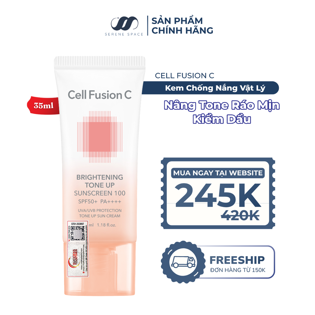 Kem Chống Nắng Nâng Tone Ráo Mịn Kiềm Dầu Cell Fusion C Brightening Tone Up Sunscreen 100 SPF50+ PA ++++ Serene Space Sản Phẩm Chính Hãng