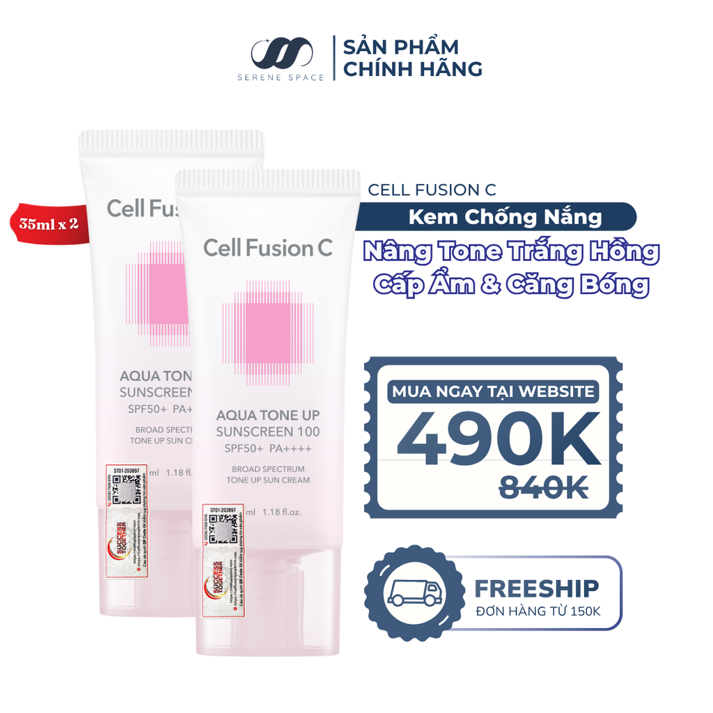 Kem Chống Nắng Nâng Tone Cấp Ẩm Căng Bóng Cho Mọi Loại Da Cell Fusion C Aqua Tone Up 100 Sunscreen SPF 50+ PA++++ Serene Space Sản Phẩm Chính Hãng