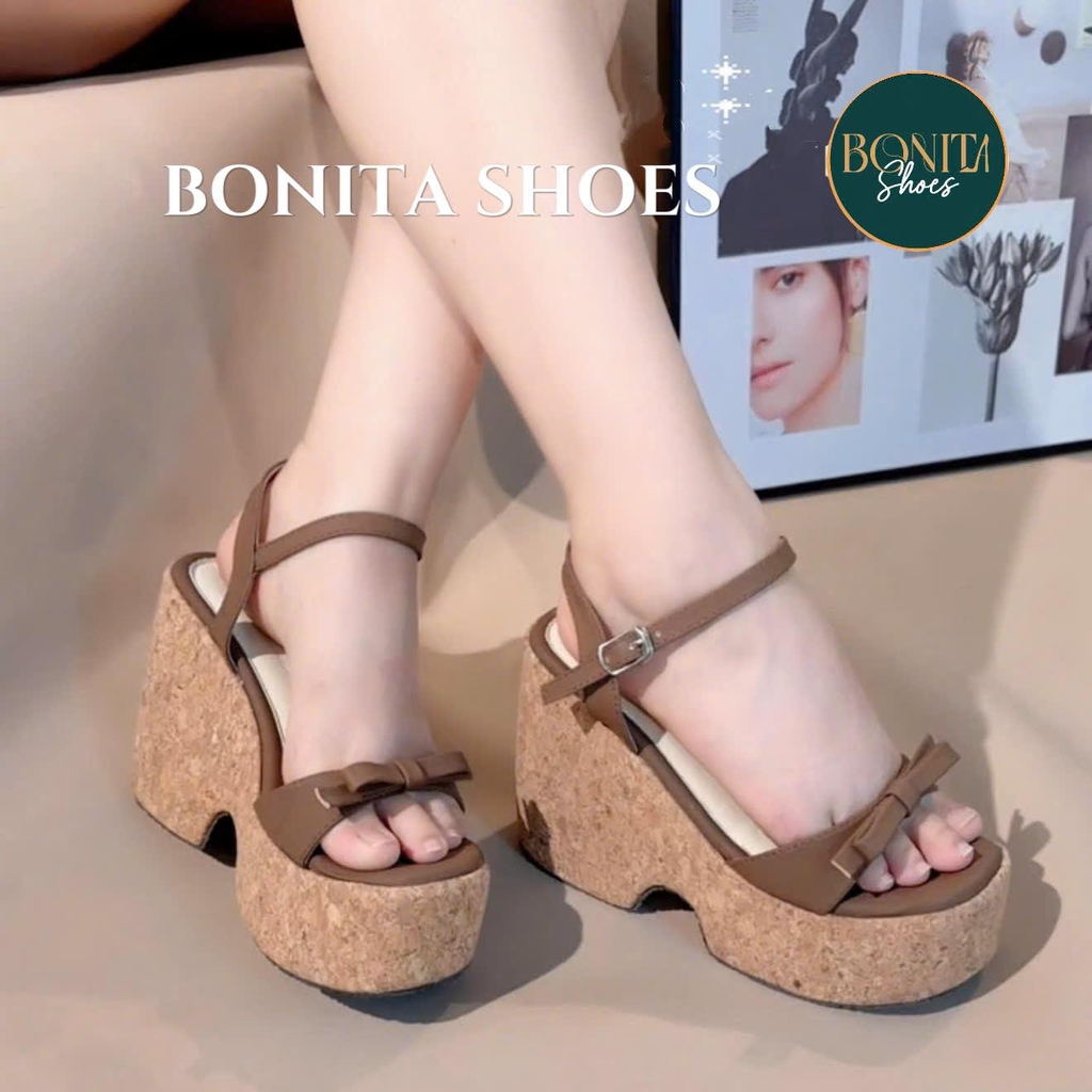 BMC275 Sandal xuồng nữ Bonita Shoes đế GỖ quai ngang Nơ thắt cao 11cm - NS1