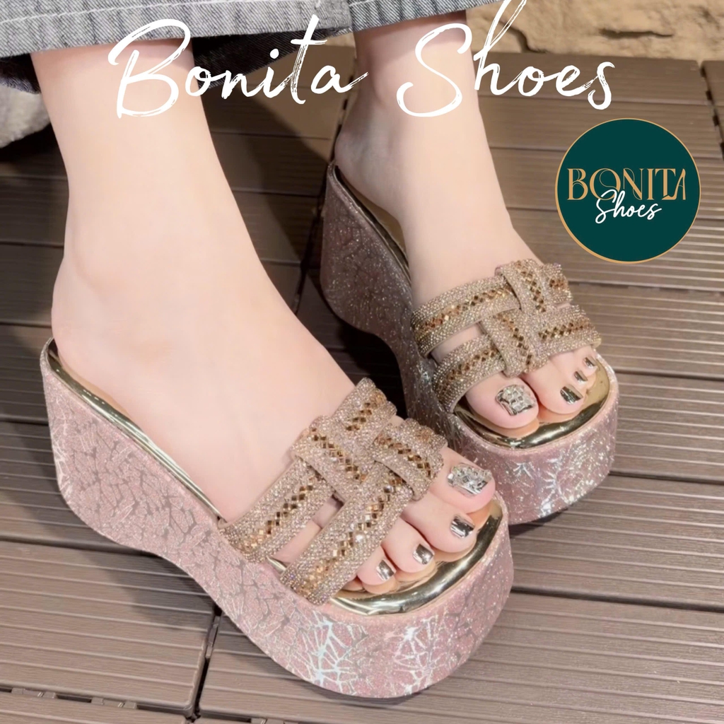 BM288 Dép xuồng bánh mì nữ Bonita Shoes 2 quai ĐÁ ĐAN da mềm xinh cao 7 phân - NS2