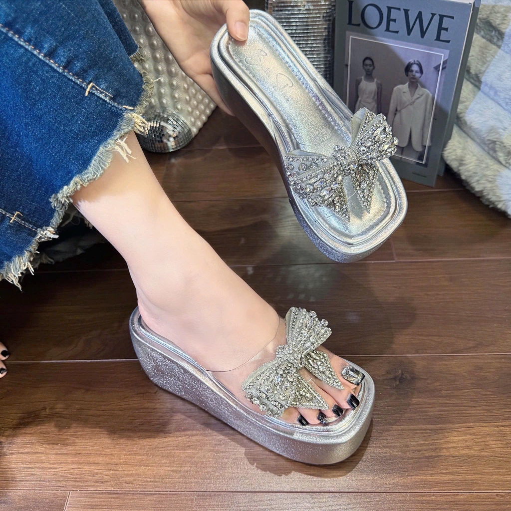 BM270 Dép xuồng bánh mì nữ Bonita Shoes quai mica trong đính đá NƠ to cao 7cm - NS125