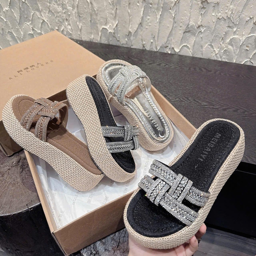 DX921 Dép xuồng nữ đế cối Bonita Shoes quai ngang đá đan lót da cao 5 cm - NS1