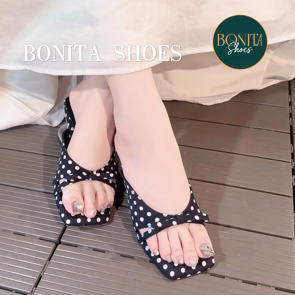 G513 Cao gót nữ Bonita Shoes CHẤM BI quai ngang nơ mũi vuông cao 6cm - NS1