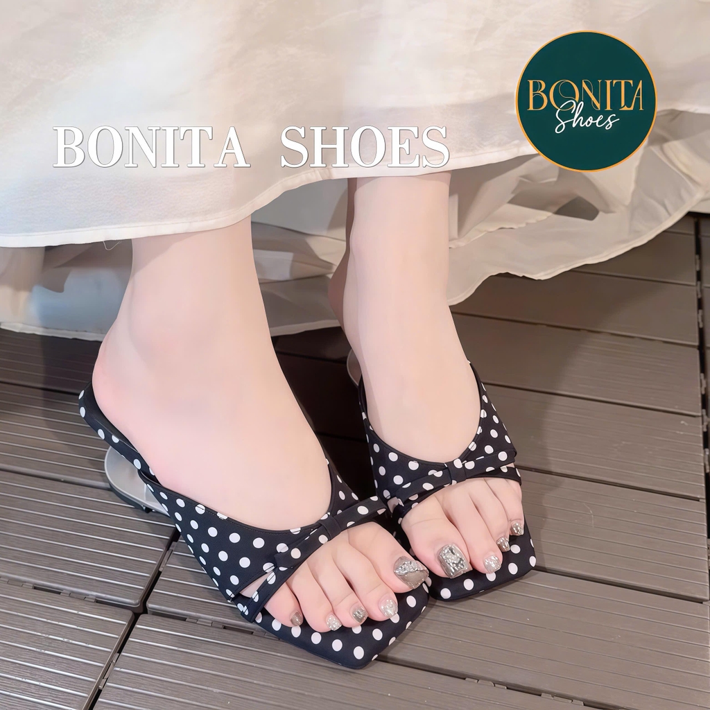 G513 Cao gót nữ Bonita Shoes CHẤM BI quai ngang nơ mũi vuông cao 6cm - NS1