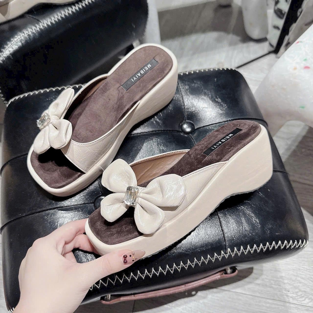 BM264 Dép xuồng nữ Bonita Shoes quai nơ B ngang da mềm 6 cm - NS12