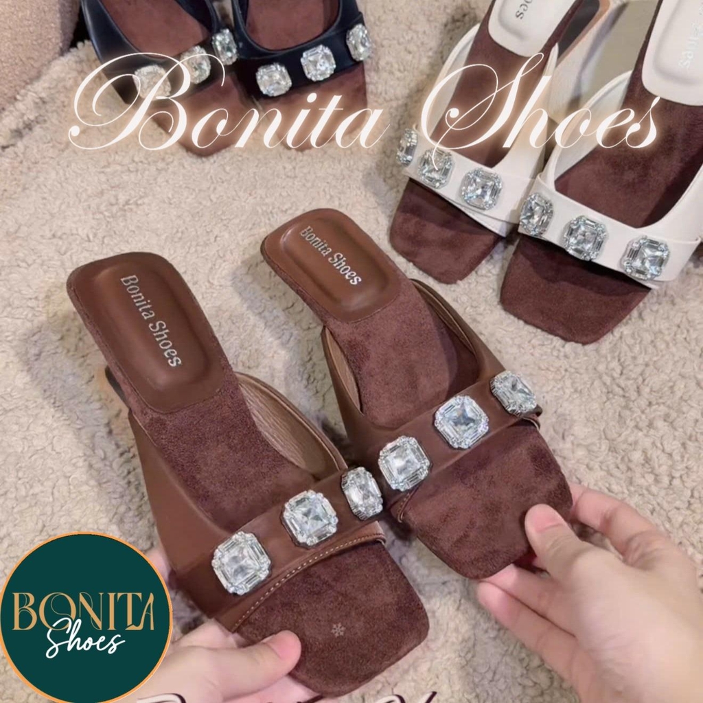 G212 Cao gót nữ Bonita Shoes quai ngang đính 3 hột đá sáng gót pháp cao 6cm - NS1