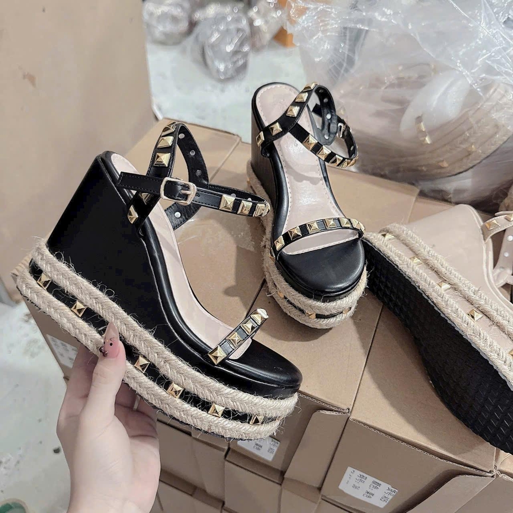 BMC15 SANDAL xuồng nữ Bonita Shoes da bóng đế viền dây cối quai đính hột đinh vàng 7 cm - NS12