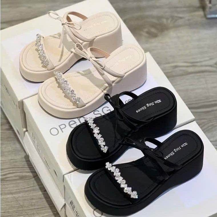 BM241 Dép xuồng nữ Bonita Shoes quai ngang đá liti phối nơ thắt 6 cm - NS2