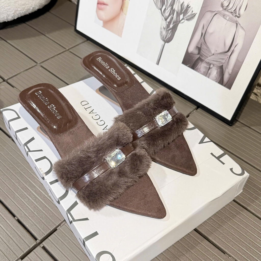 G800 Cao gót nữ Bonita Shoes mũi nhọn quai lông HỘT ĐÁ - NS12