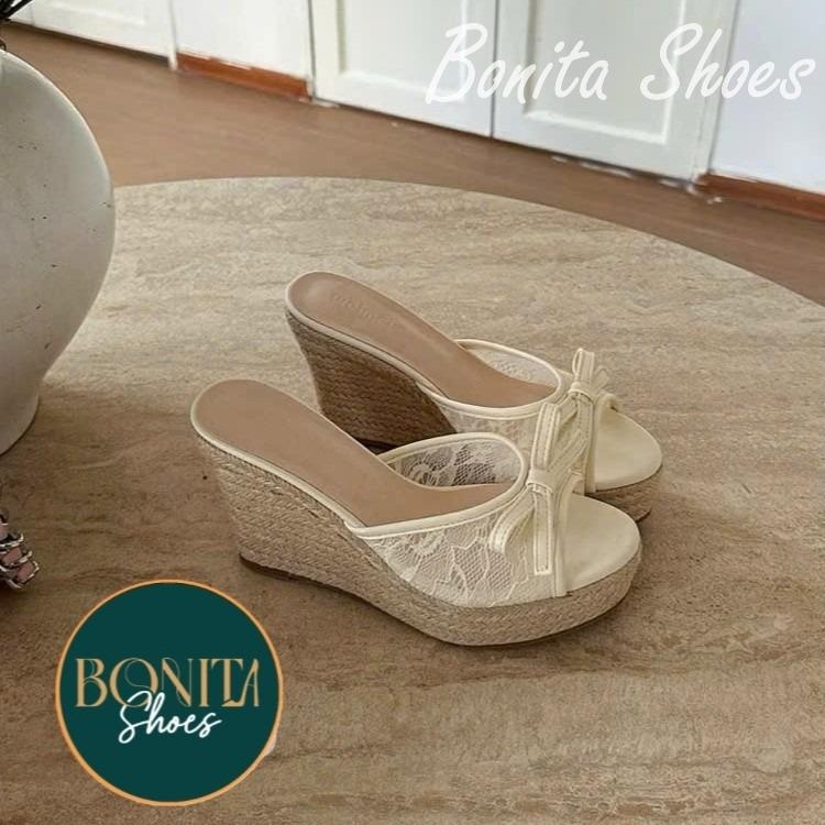 BMC408 Dép xuồng nữ đế cối Bonita Shoes quai ngang LƯỚI thắt nơ cao 11cm - NS12