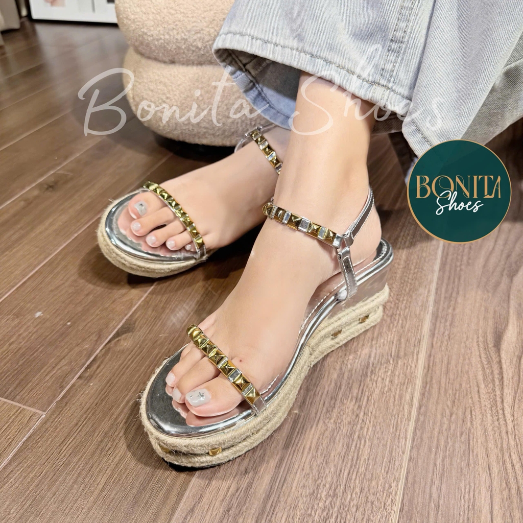 BMC15 SANDAL xuồng nữ Bonita Shoes da bóng đế viền dây cối quai đính hột đinh vàng 7 cm - NS12