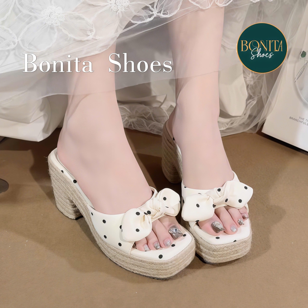 D225 Dép xuồng nữ đế cối Bonita Shoes eo L quai ngang Nơ thắt CHẤM BI cao 8cm - NS1